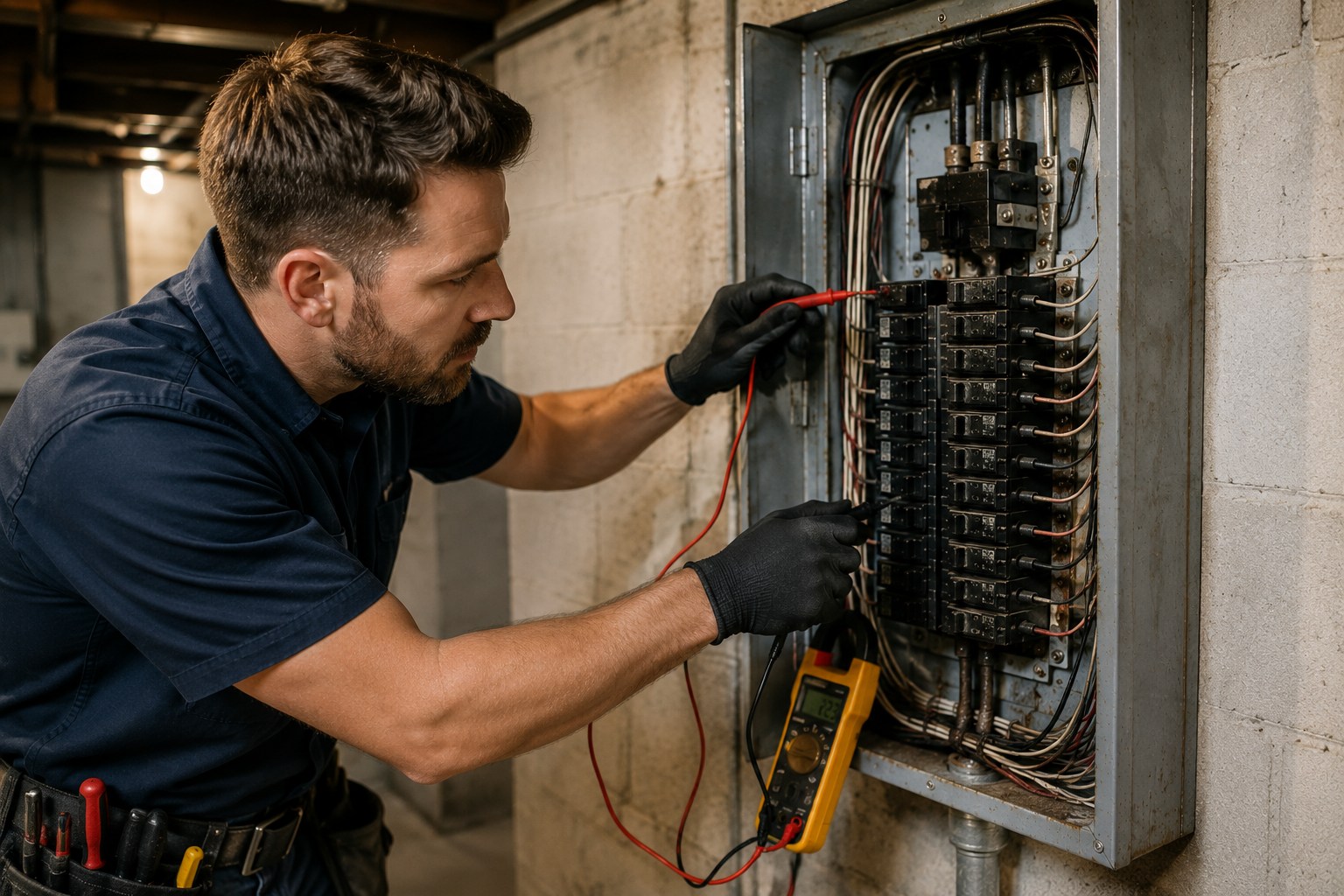 Electrician inspecting an aging electrical panel for signs of failure in a Massachusetts home
