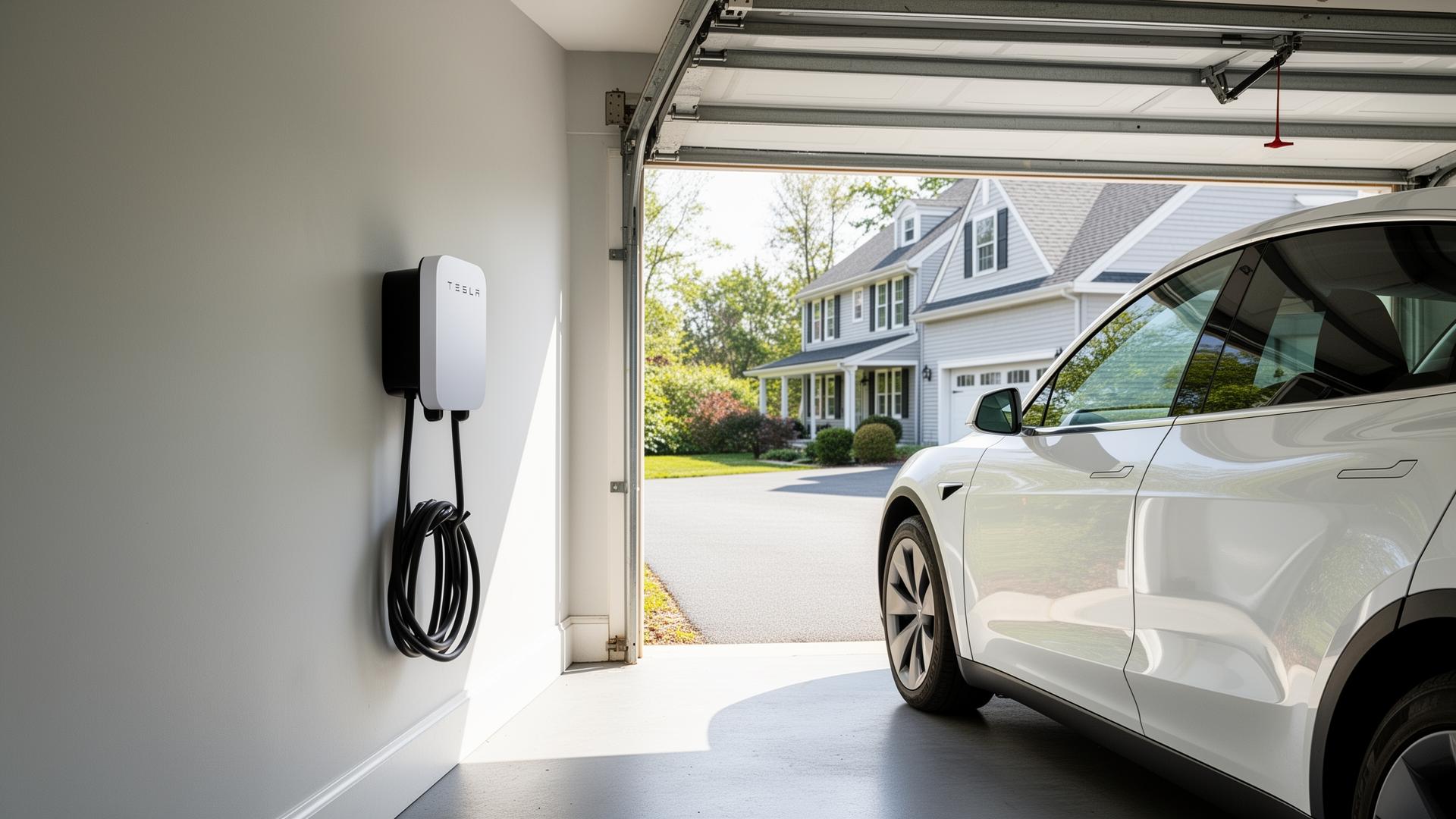 A white Tesla wall charger with a coiled cable mounted in an open residential garage, an electric car parked beside it.