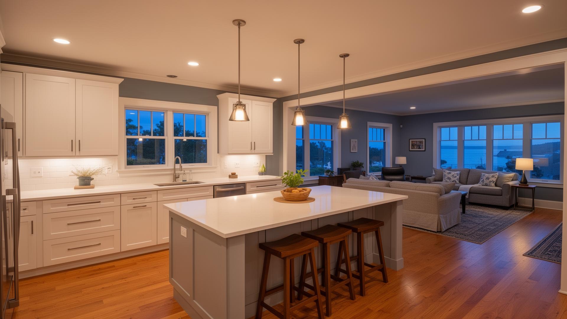 An open plan kitchen and living room at dusk lit by recessed ceiling lights and three pendant fixtures over the island.