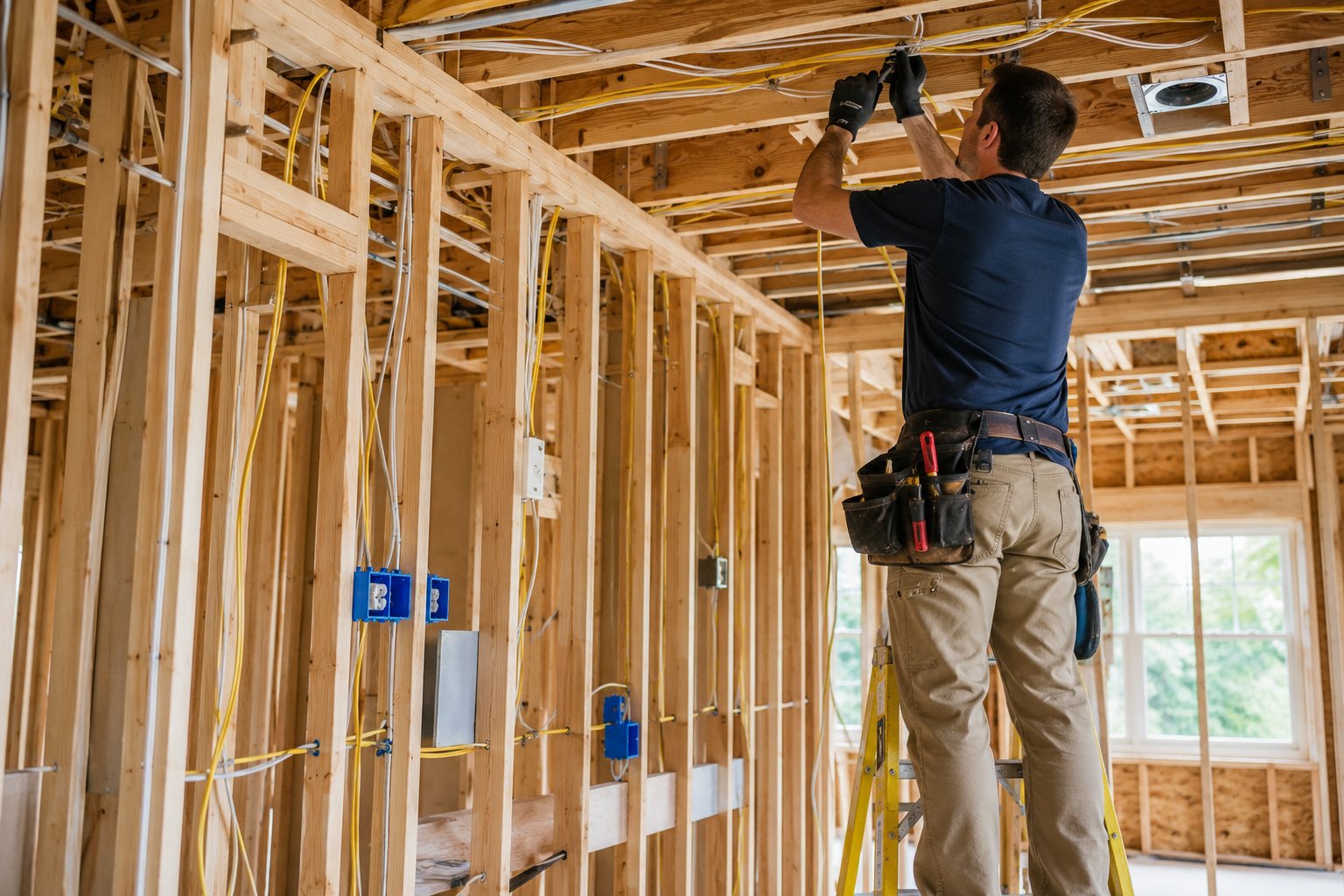 An electrician running wire during the rough-in of a new construction home