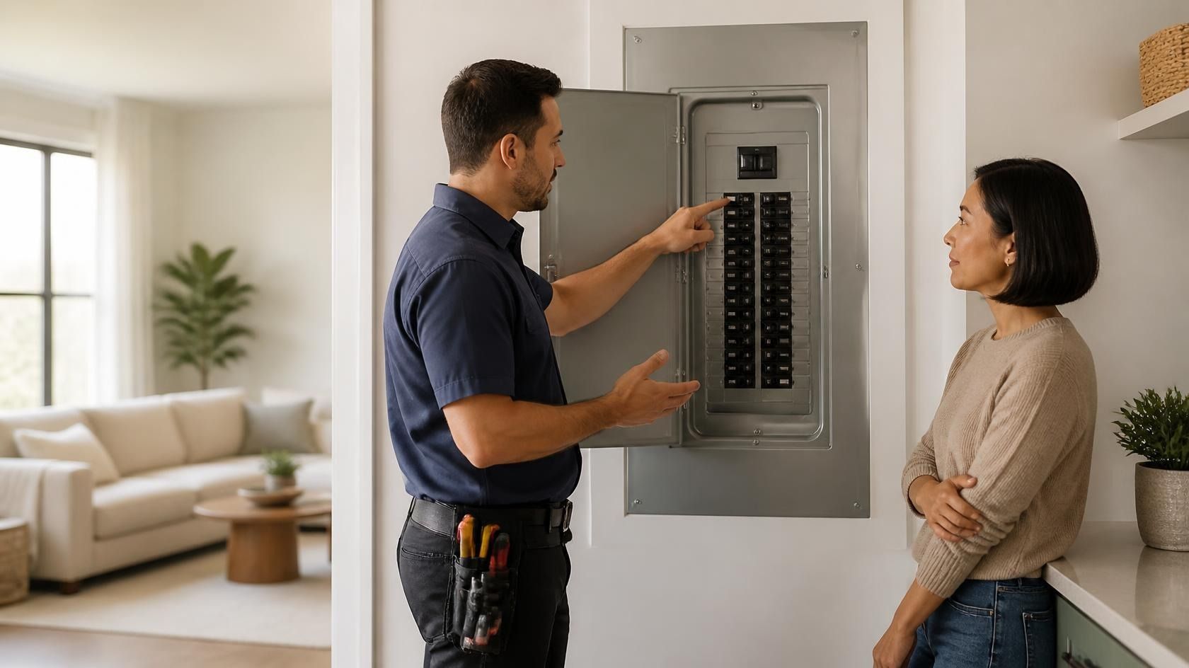 An electrician replacing an electrical panel and labeling new breakers in a South Shore home