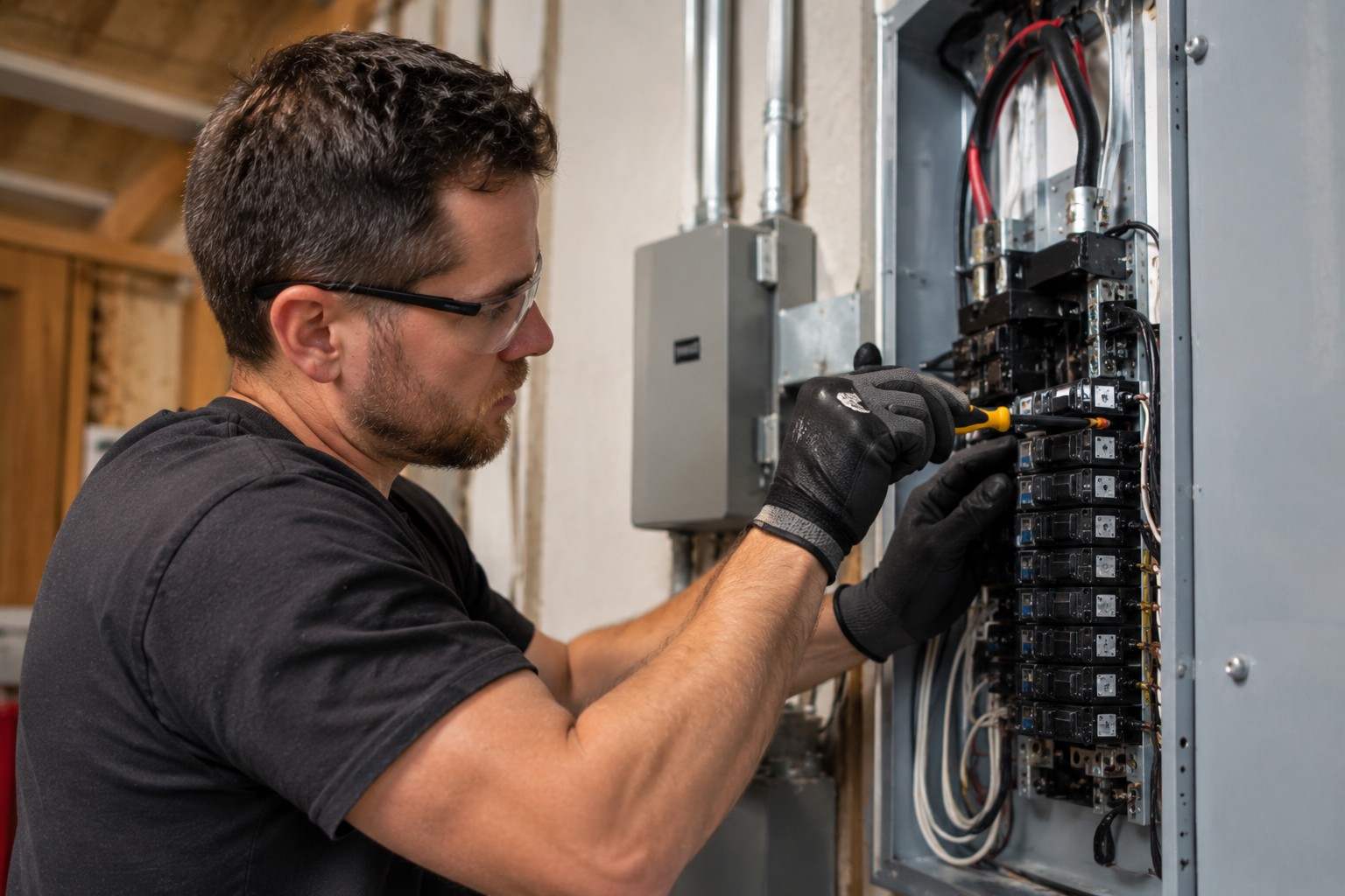 An electrician reviewing a home electrical service upgrade at the panel with the homeowner